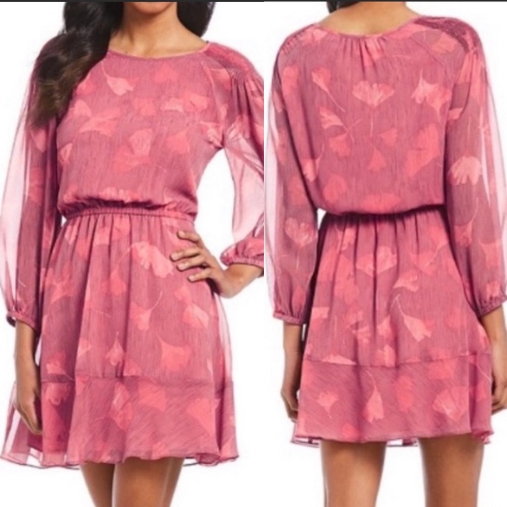 H by Halston Floral Chiffon Dress Raglan Sleeves Pink Sz L